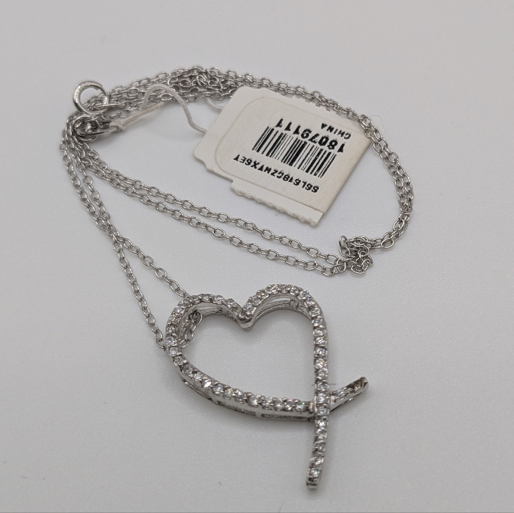 New Sterling Silver Open Heart CZ Necklace